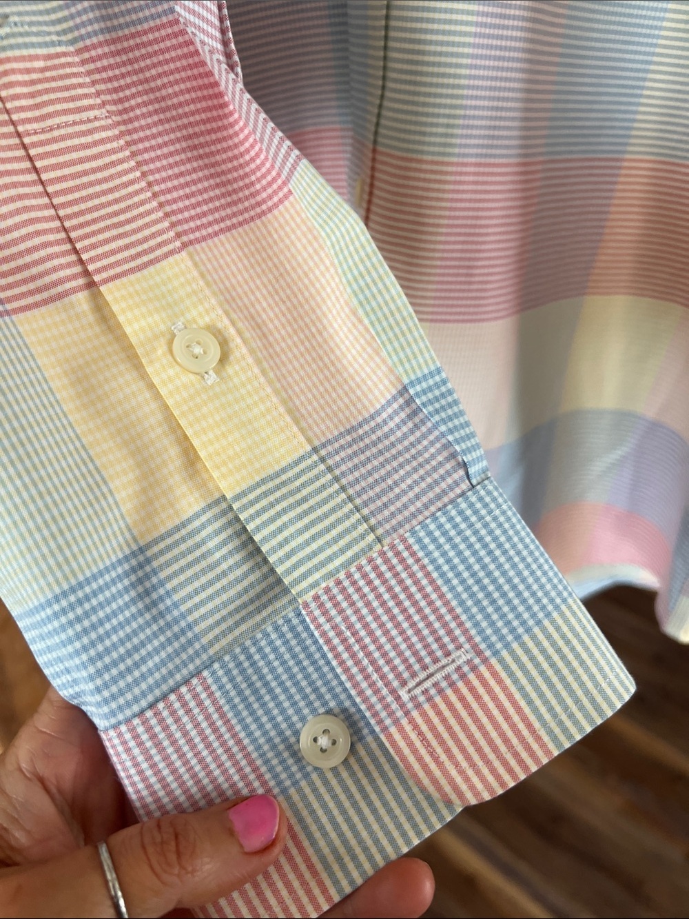 Orvis Pastel Checkered Button-Up Shirt in Yellow, Blue, Pink - Picture 6 of 10